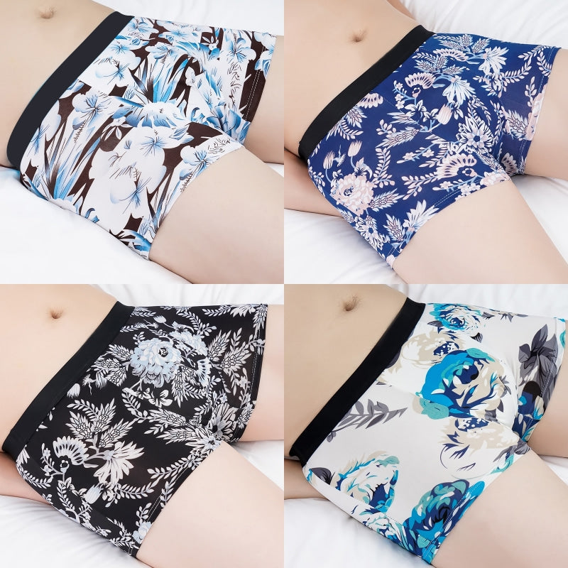 4 Pcs Printed Ice Silk Breathable Men's Boxer Briefs Set