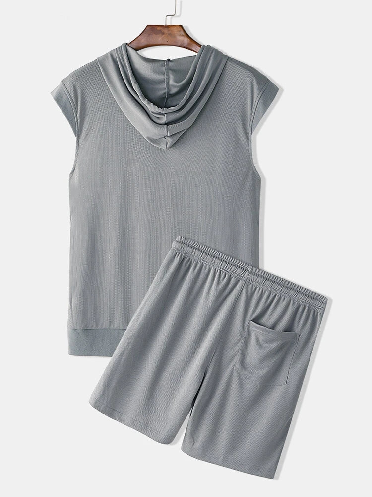 Men's Sleeveless Hooded Athletic Shorts Pajamas Set