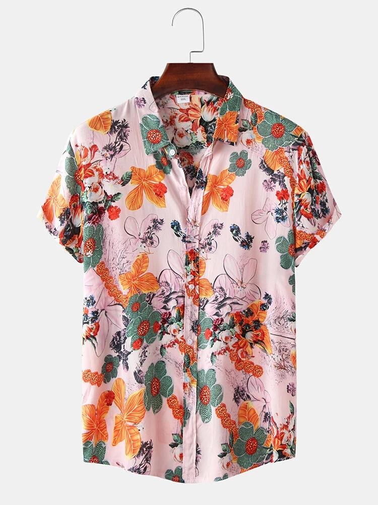 Mens Vintage Floral Oil Printting Short Sleeve Shirts