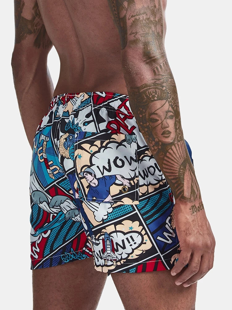 Mens Tropical Print Drawstring Quick Dry Board Shorts