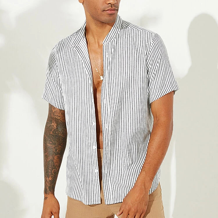 Mens Striped Breathable Stand Collar Shirts