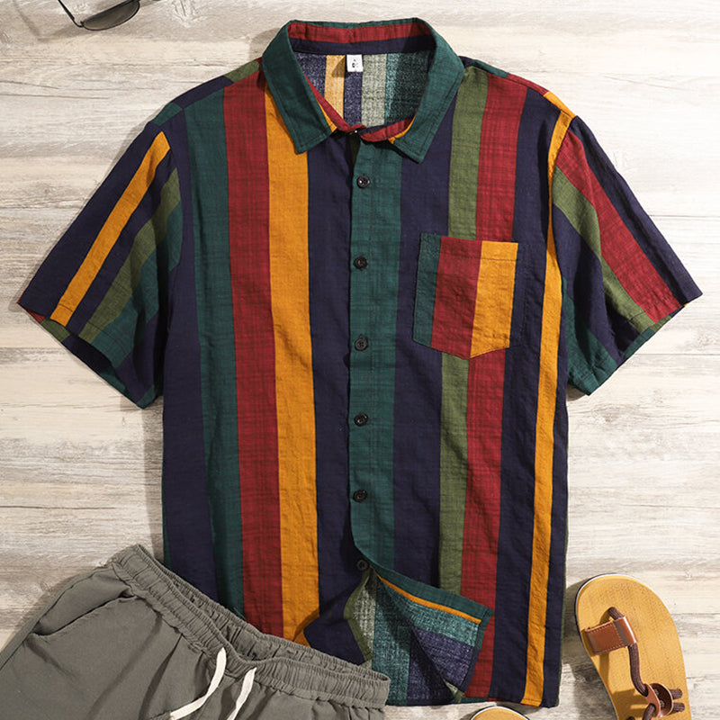 Mens Thin & Breathable Cotton Colorful Stripe Holiday Shirt