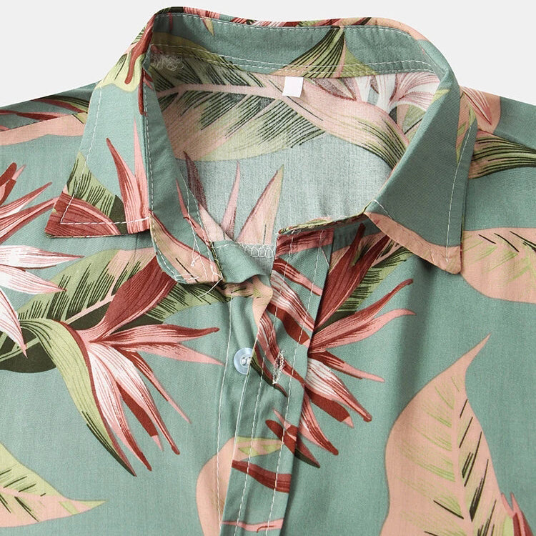 Mens Classical Oil Print Leaf Short Sleeve Shirts