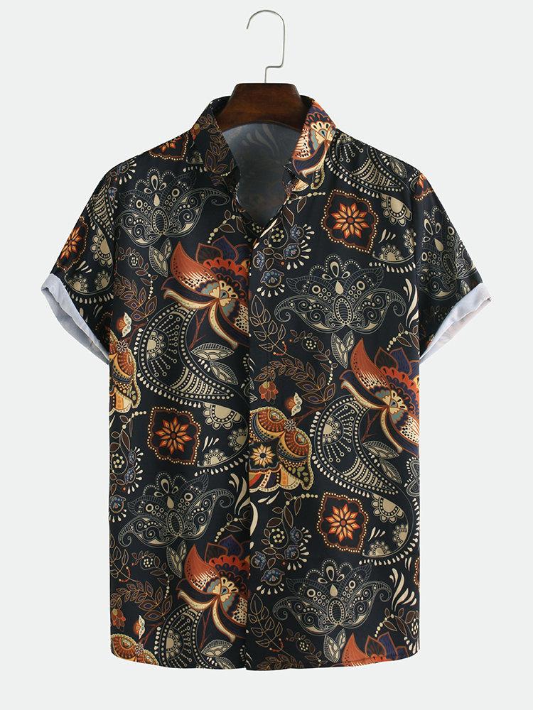 Mens Ethnic Style Flower Printed Breathable Shirts