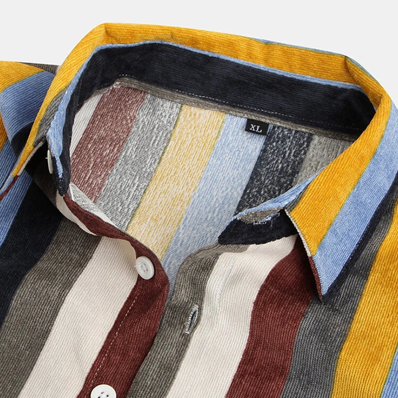 Mens Brief Style Color Stripe Corduroy Casual Long Sleeve Shirts